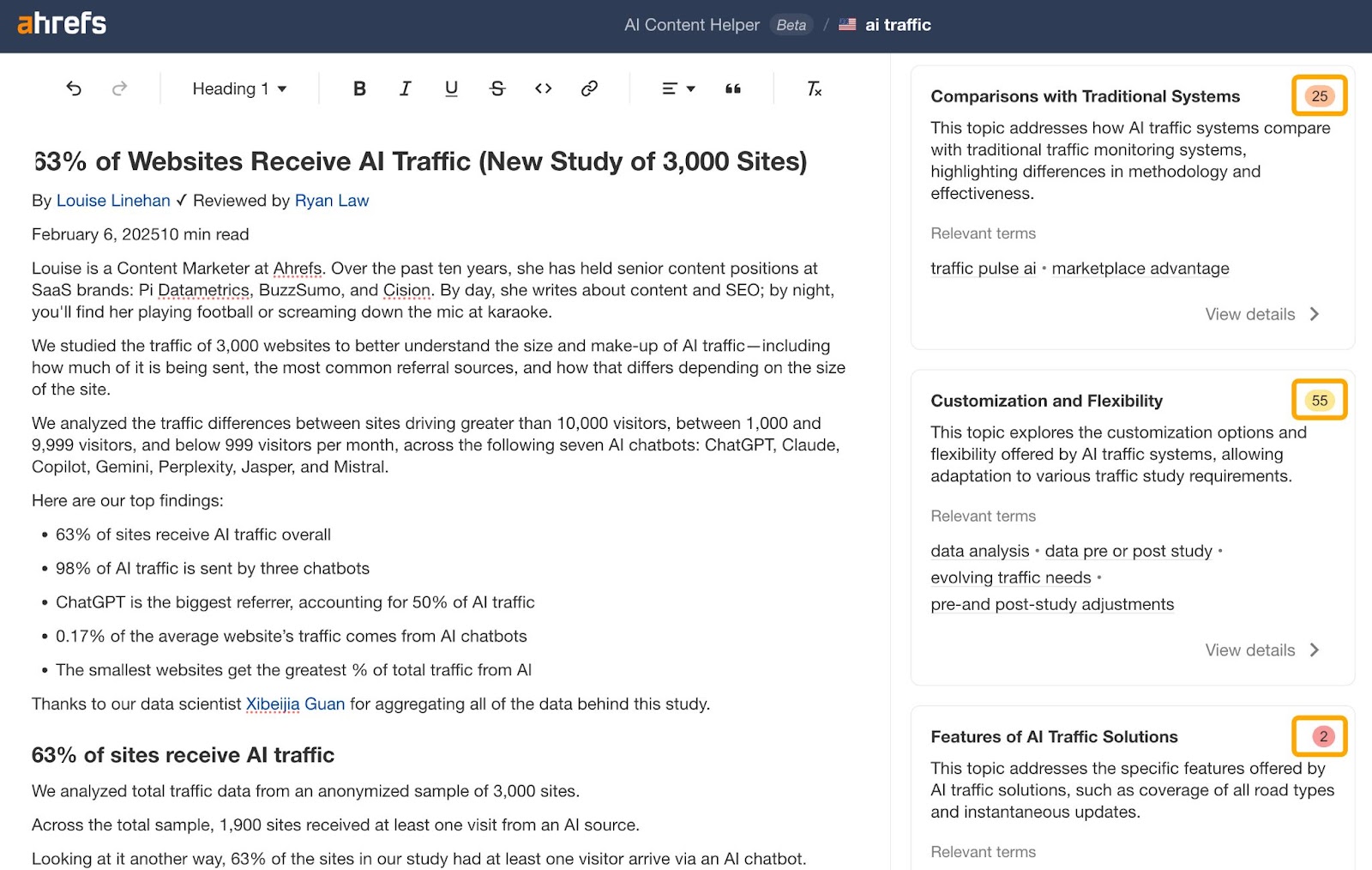 AI Content Helper de Ahrefs muestra una baja puntuación temática para un artículo sobre tráfico IA.