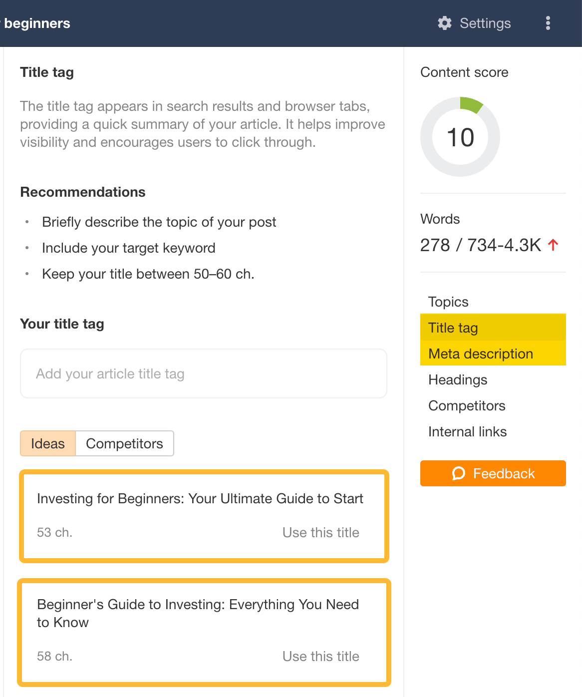 Captura de pantalla de AI Content Helper de Ahrefs en la que se destacan las recomendaciones de etiquetas de título y meta descripciones.