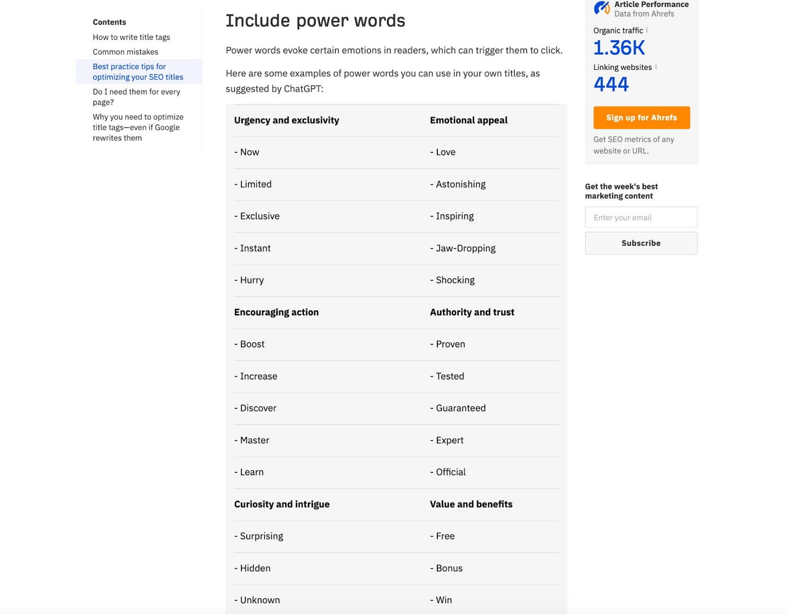 Una captura de pantalla de una entrada de blog sobre etiquetas de título que muestra una tabla de palabras poderosas añadidas por ChatGPT.