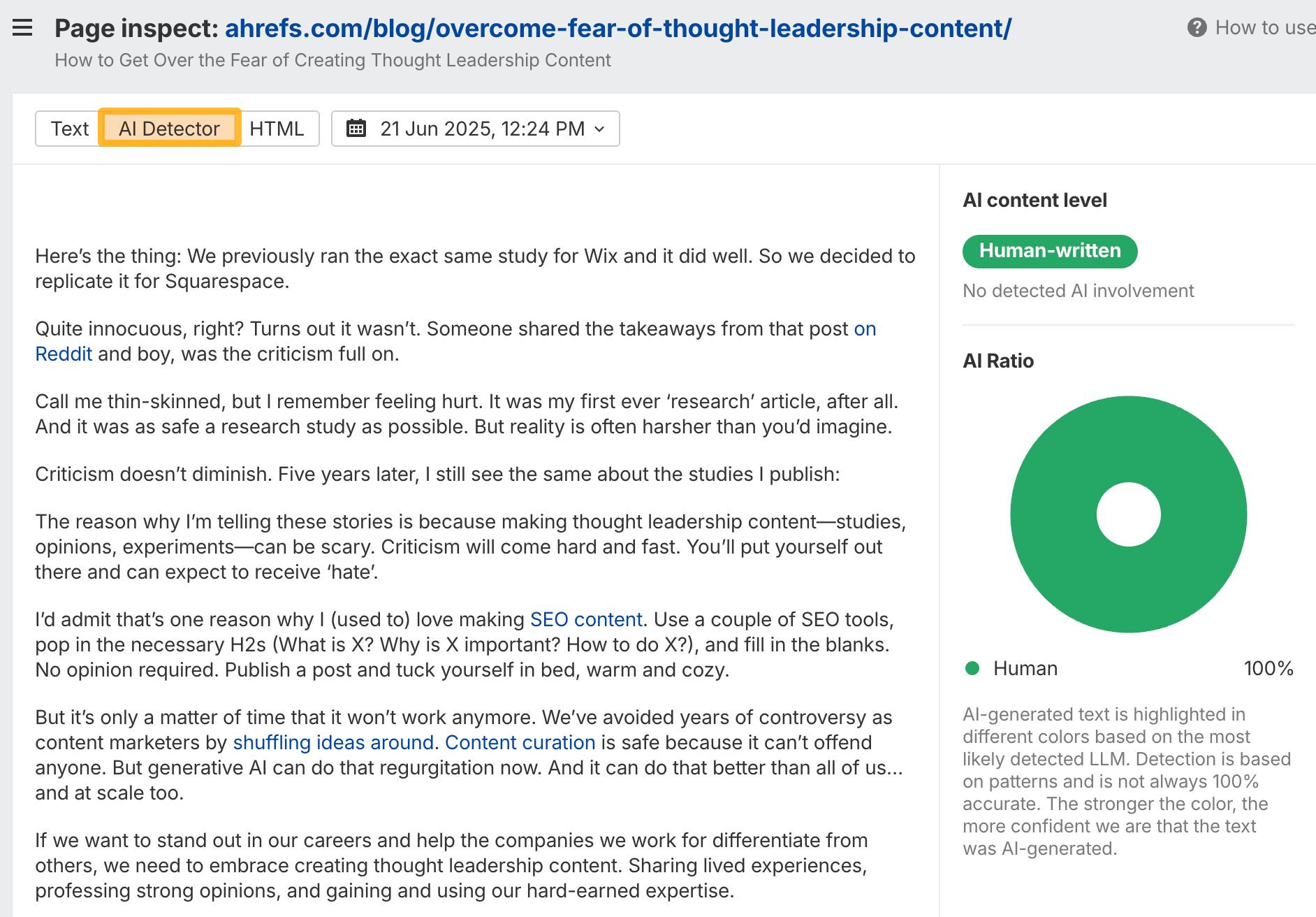 Pasando mi post del blog por el AI Content Detector de Ahrefs