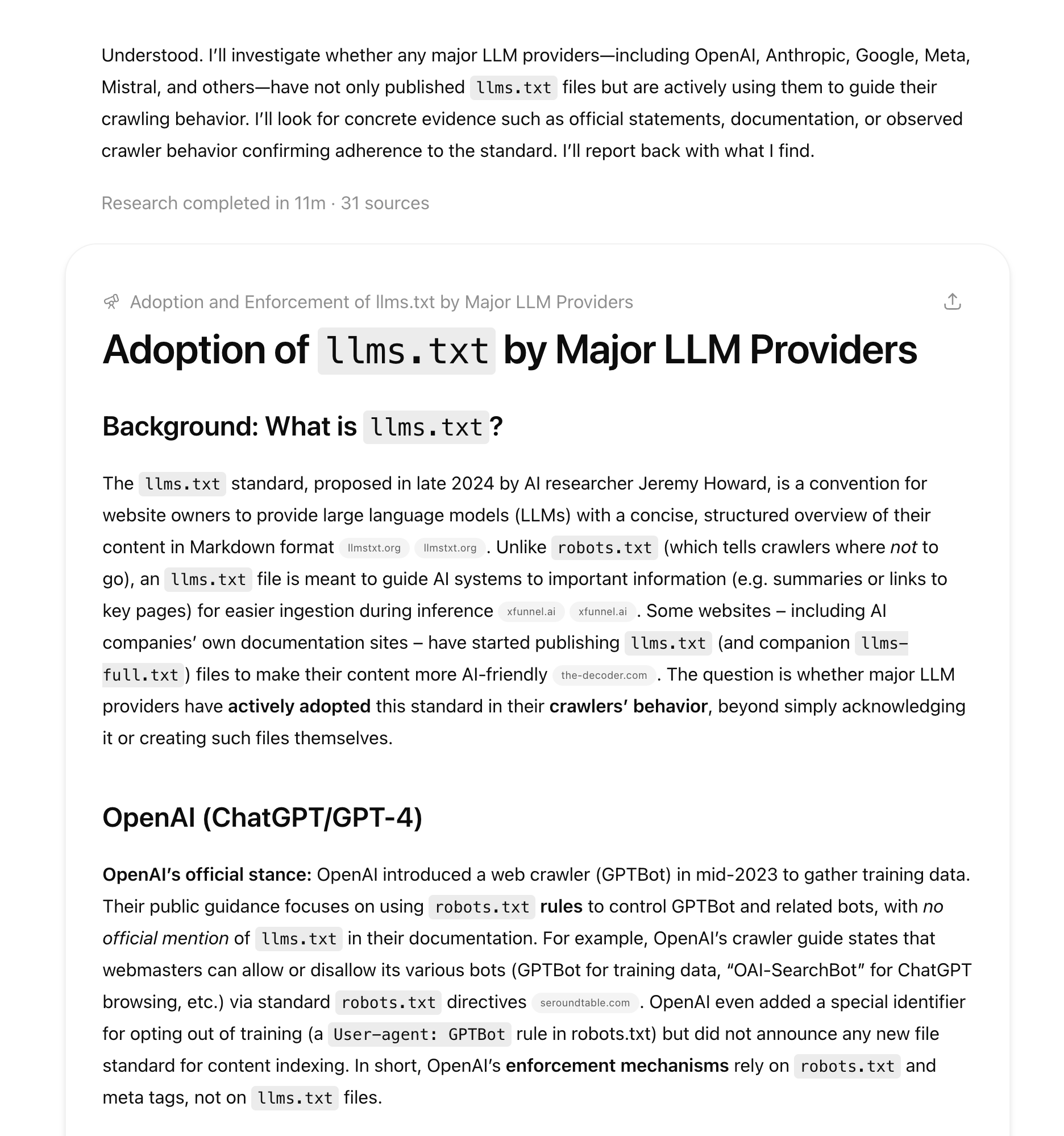 Solicitud de investigación profunda sobre el protocolo LLMs.txt.