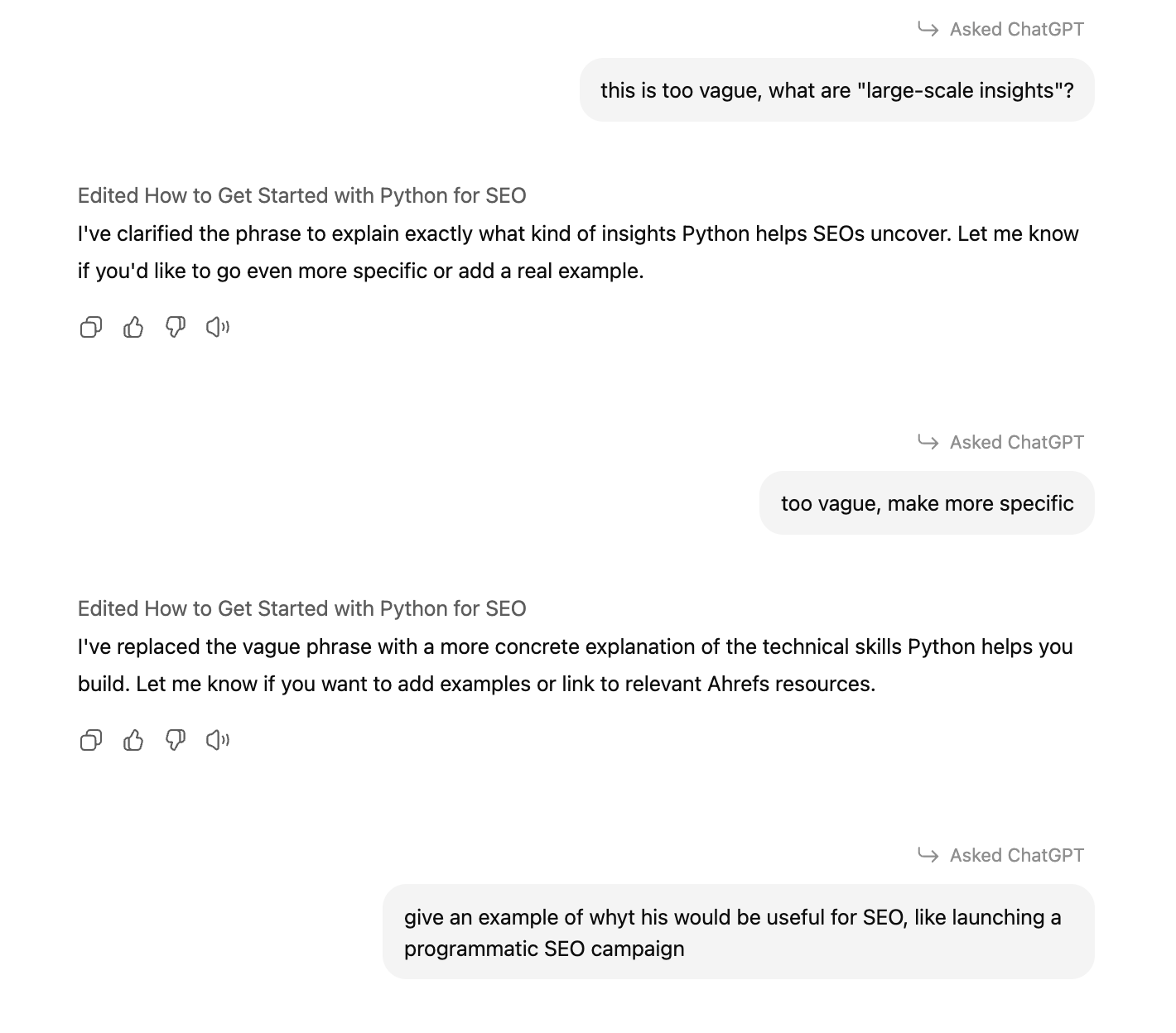 Comentarios en línea dejados en un borrador de artículo en ChatGPT Canvas.
