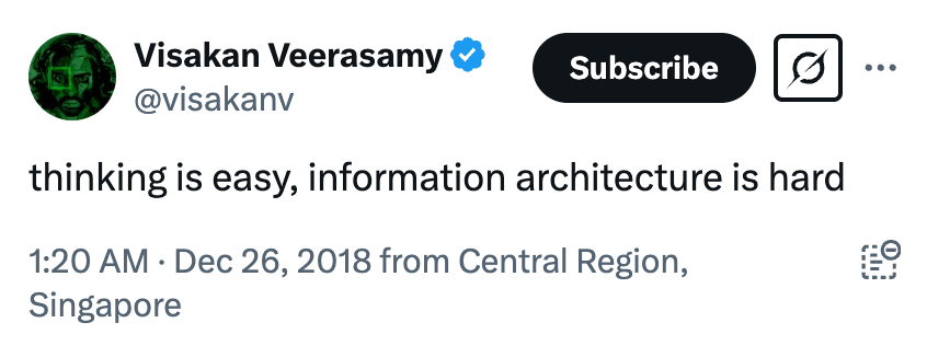 Tuit de Visakan sobre cómo pensar es fácil, pero la arquitectura de la información es difícil.