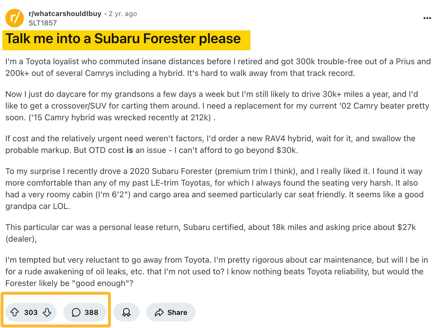 Una captura de pantalla de una publicación popular de Reddit del subreddit 'r/whatcarshouldIbuy' titulada "Convencedme para que me compre un Subaru Forester, por favor", que muestra una alta participación con 303 votos a favor y 388 comentarios.