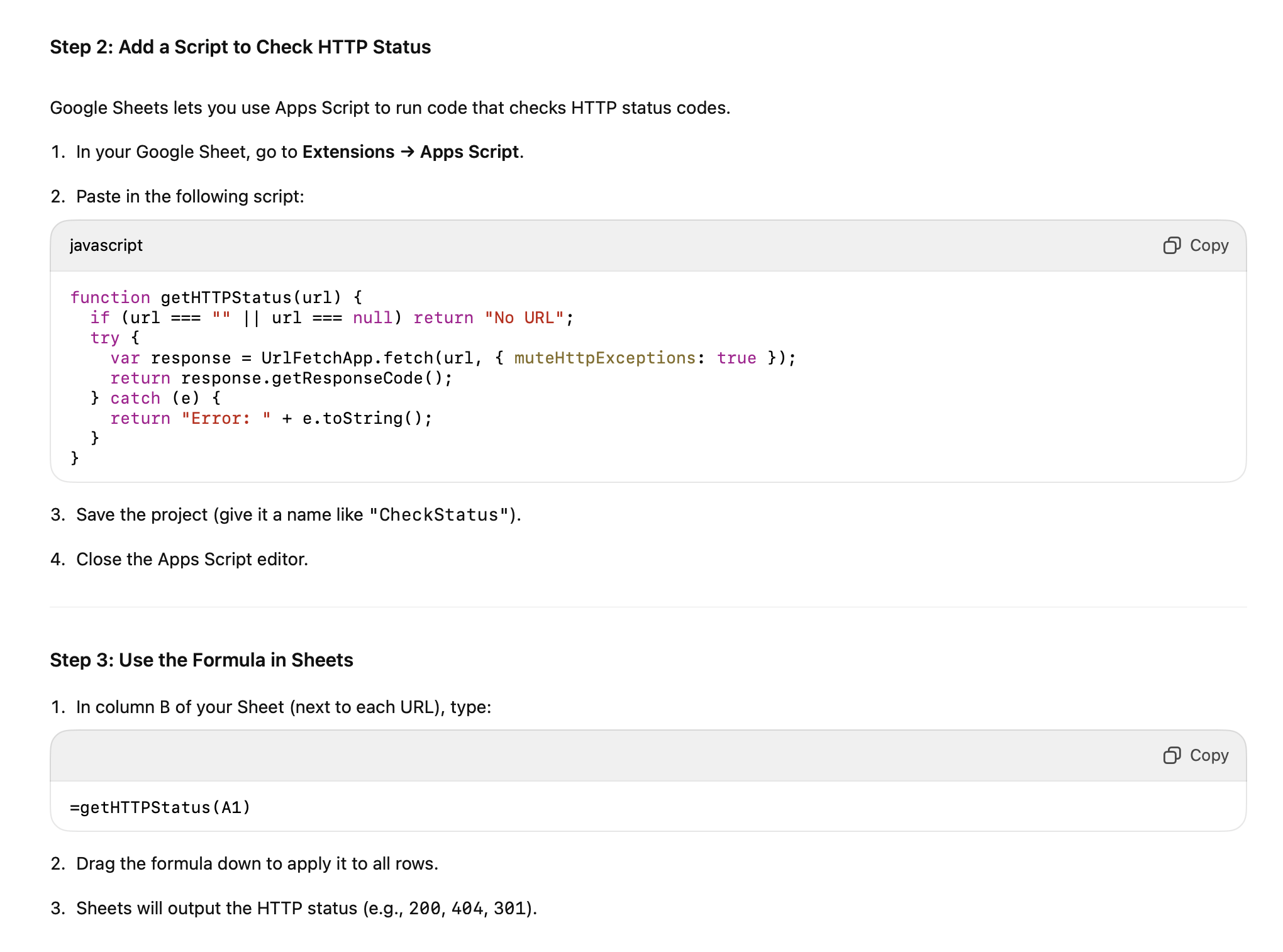 Captura de pantalla que muestra el editor de Apps Script en Google Sheets con un script para obtener el estado HTTP de una URL.