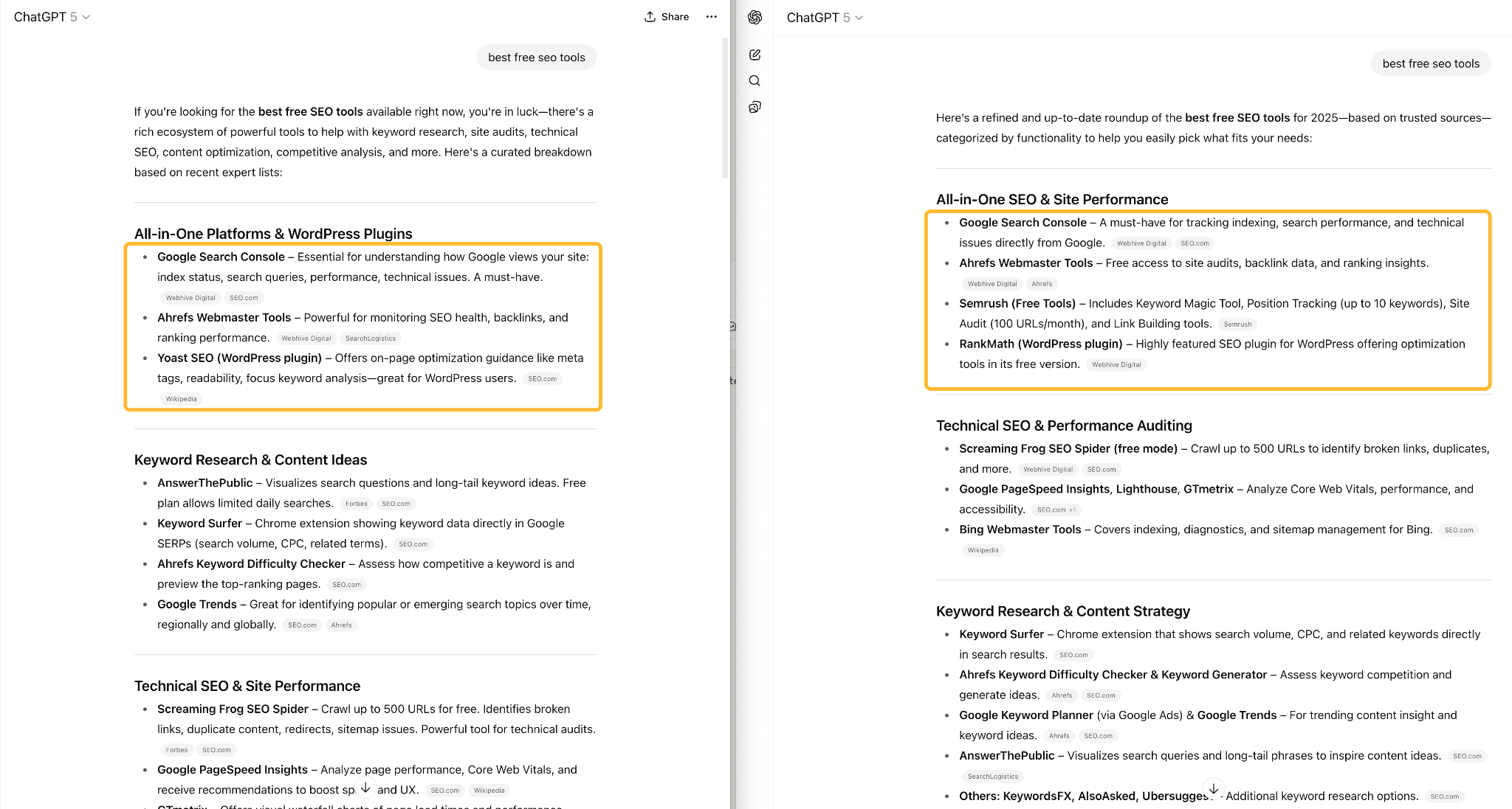 Una captura de pantalla que muestra dos respuestas diferentes de ChatGPT al mismo prompt "mejores herramientas seo gratuitas". El diseño, las categorías y las recomendaciones de herramientas específicas difieren entre las dos respuestas, lo que resalta la inconsistencia de la IA.