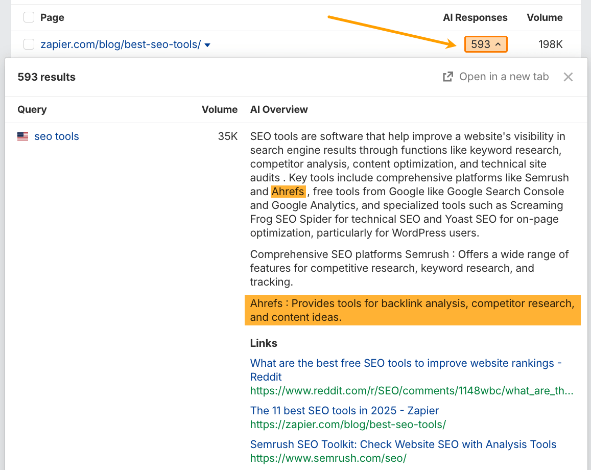 Análisis de las respuestas de búsqueda de la IA en Brand Radar de Ahrefs.