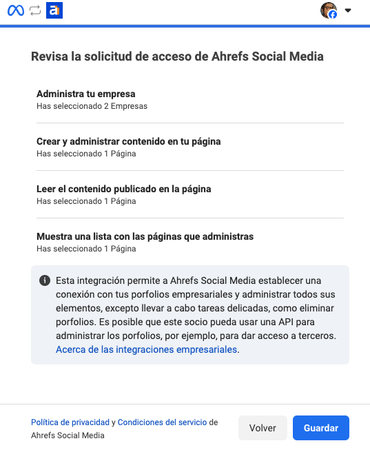 Conexión con Facebook: confirmación