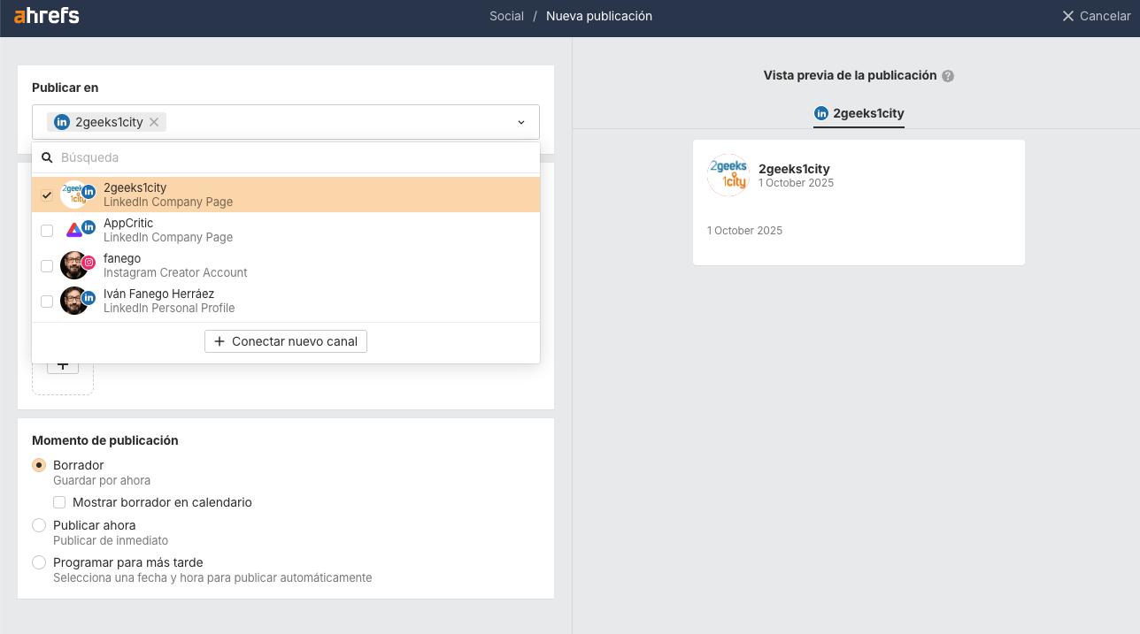 Creando una publicación para LinkedIn en Social Media Manager de Ahrefs