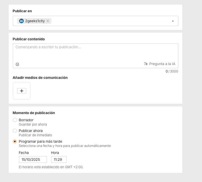 Opciones para publicar en LinkedIn en Social Media Manager de Ahrefs