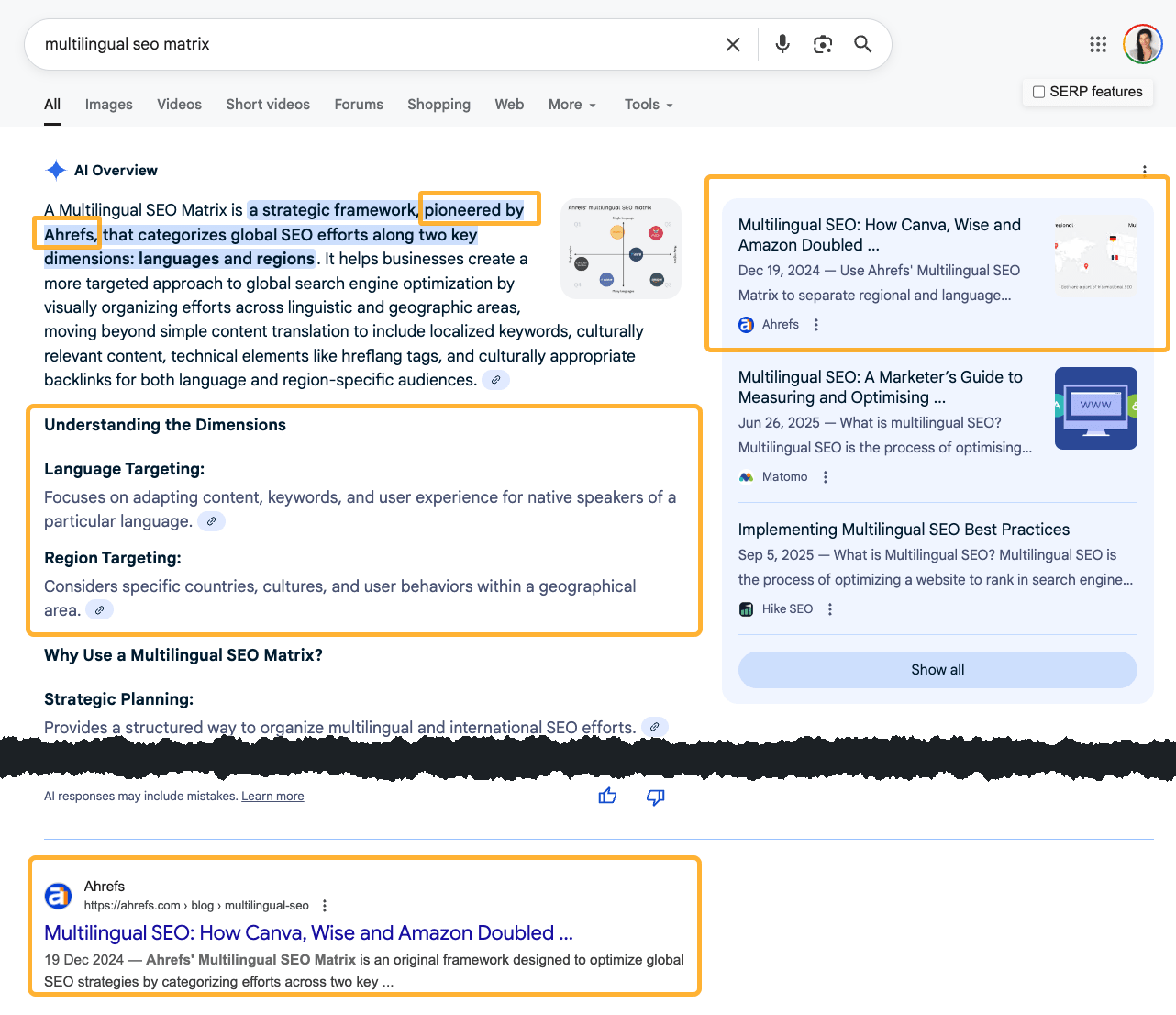 Resultados de Google para la matriz SEO multilingüe de Ahrefs que indican múltiples menciones y una cita en una AI Overview, además de posicionar en el número uno orgánicamente.