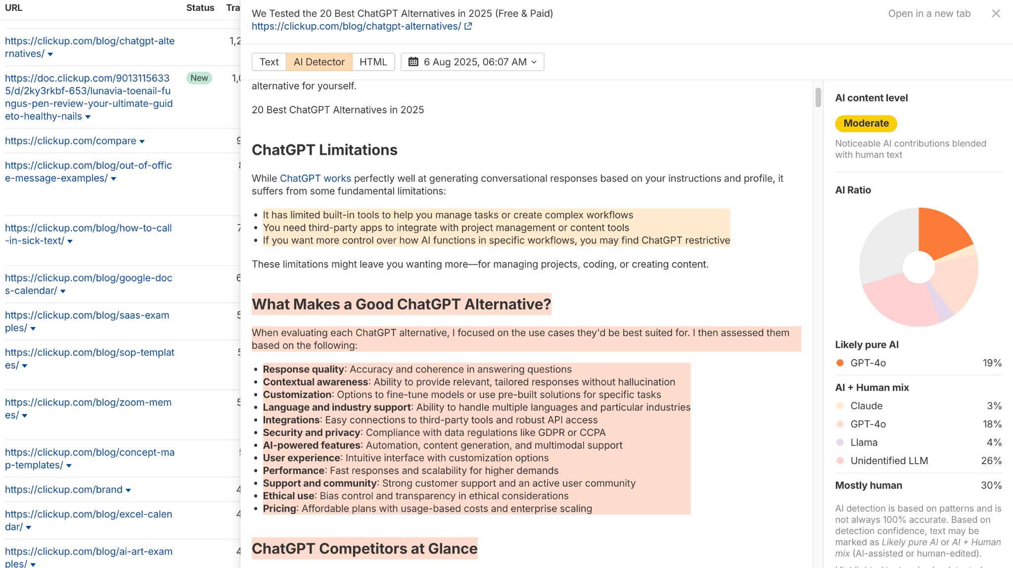 Una captura de pantalla de la herramienta de detección de IA de Ahrefs analizando un artículo, mostrando partes del texto resaltadas como generadas por IA y un gráfico circular que indica la proporción de contenido de IA frente a contenido humano.