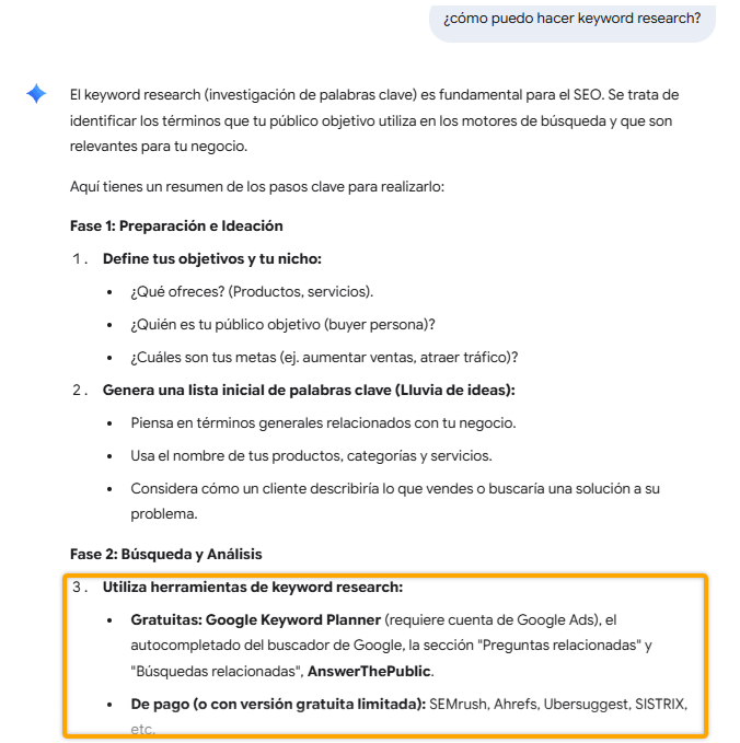 Una captura de pantalla de una guía online sobre "cómo hacer un keyword research". El tercer paso, "Usa herramientas de keyword research", está resaltado y enumera ejemplos como Keywords Explorer de Ahrefs, SEMRush y el Planificador de Palabras Clave de Google.