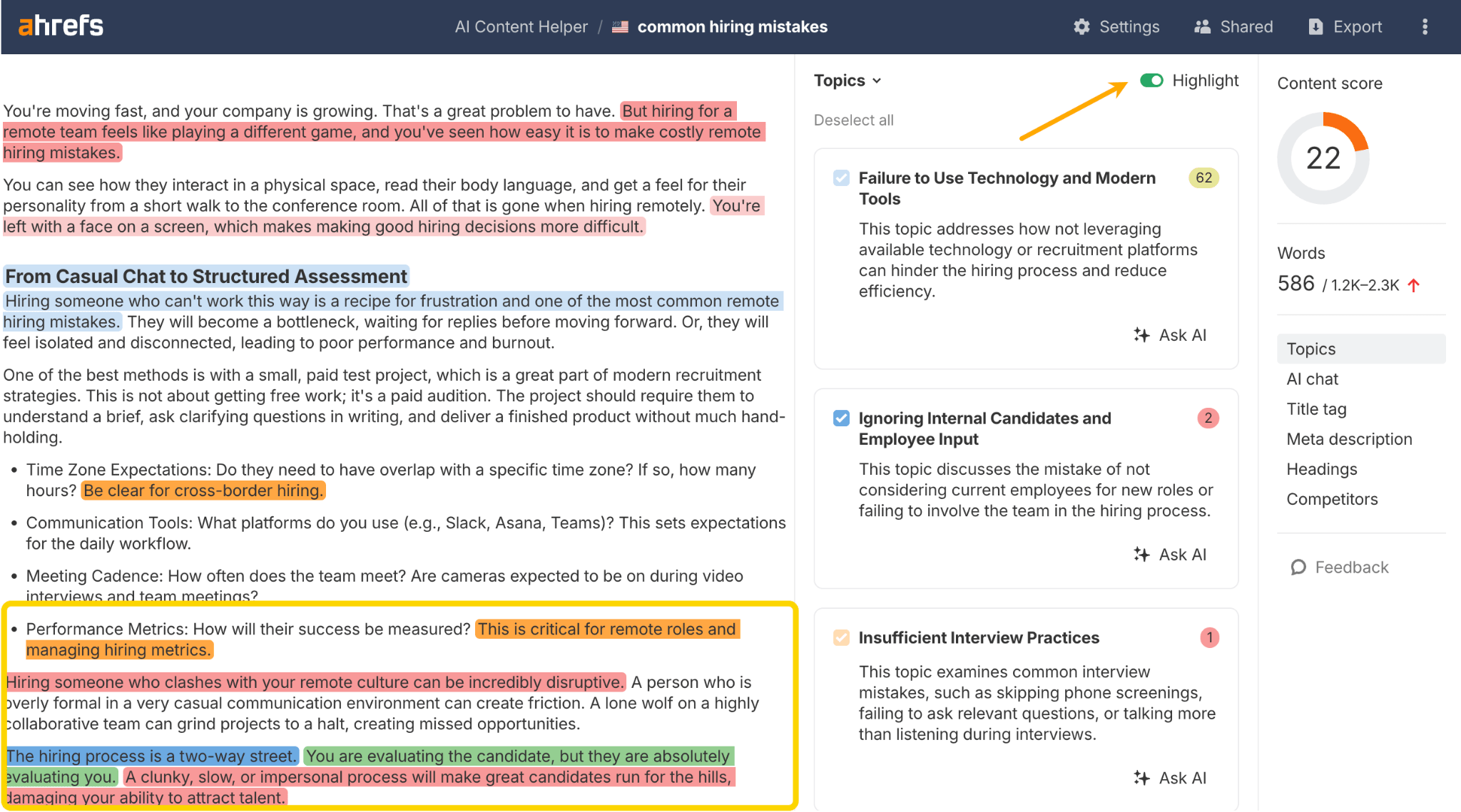 Análisis de cobertura de temas en AI Content Helper