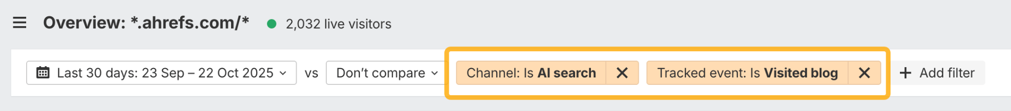 Cómo configurar filtros de nivel superior en Web Analytics para medir la conversión de citas de IA para un evento específico.