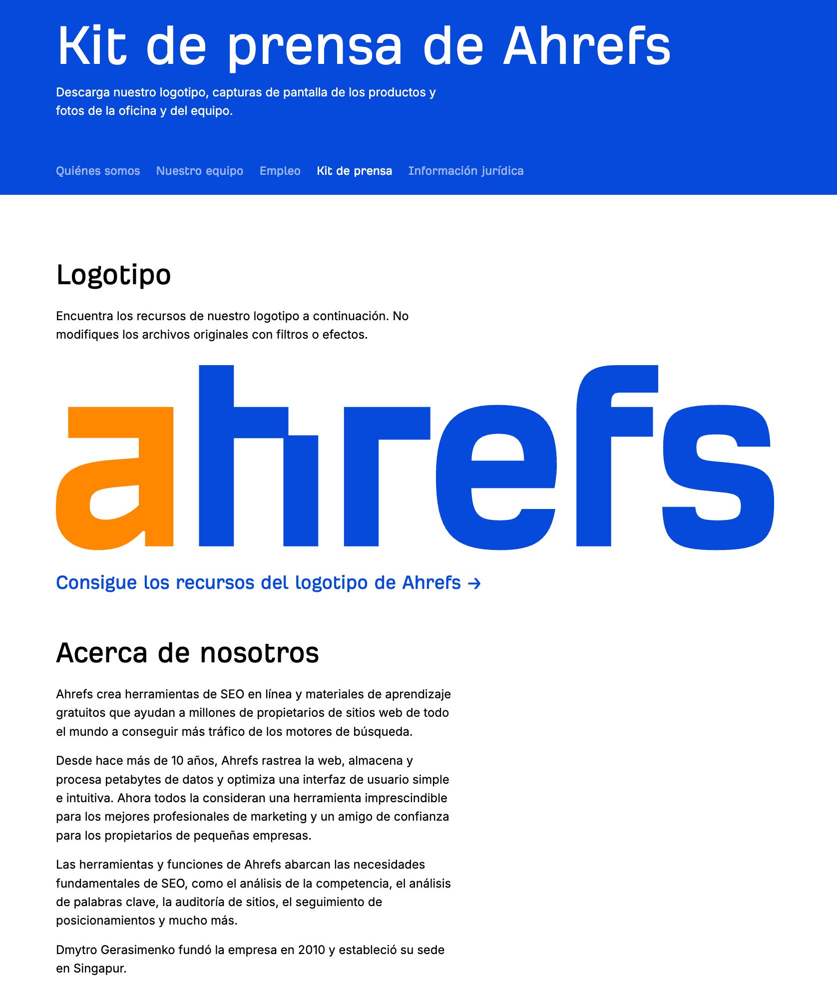 Ejemplo de Media Kit de Ahrefs que garantiza que los periodistas y escritores mencionen la marca de forma coherente.