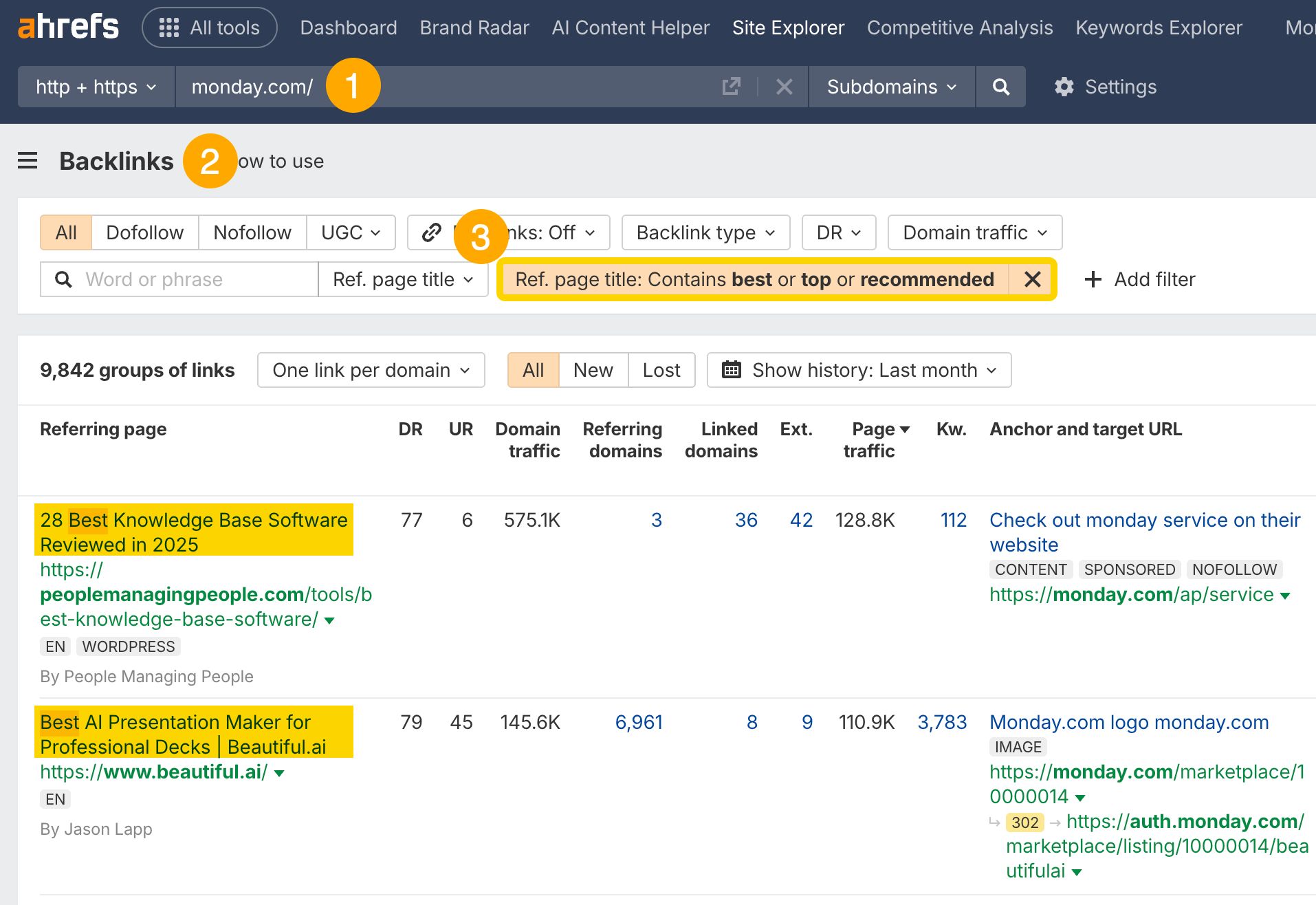 Filtro de título de página de referencia en el informe de enlaces