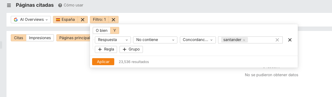 Filtro en páginas citadas, en Brand Radar