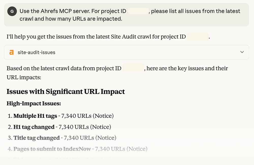 Lista de problemas de SEO identificados por Site Audit de Ahrefs a través del servidor MCP.