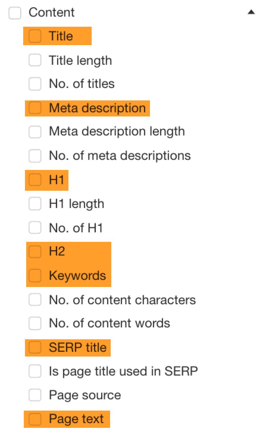 Los campos de contenido que pueden proporcionar datos semánticos incluyen el título, la meta descripción, H1, H2, las palabras clave, el título SERP y el texto de la página.
