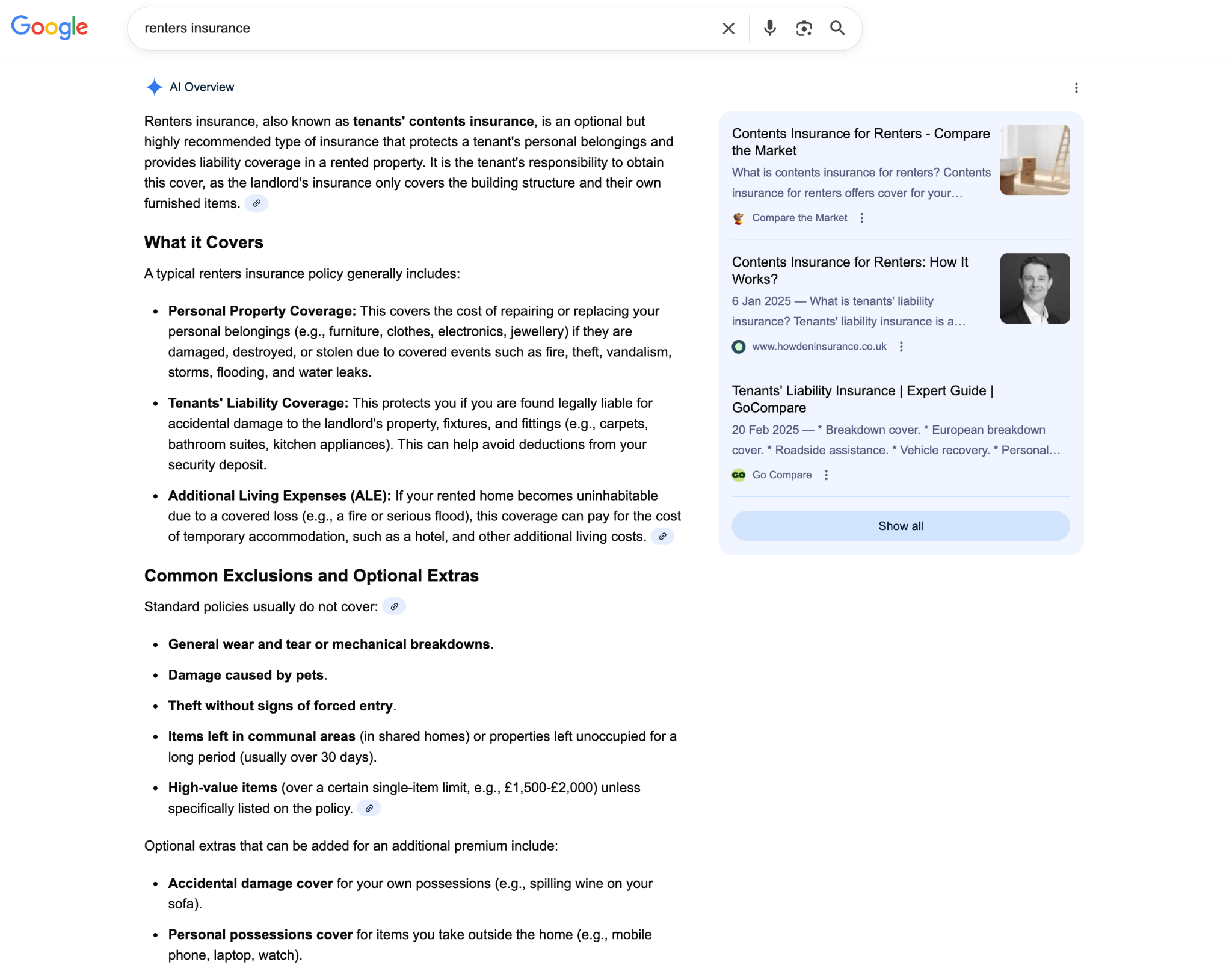 Página de resultados de búsqueda de Google para "seguro de inquilinos" que muestra una AI Overview con una explicación detallada de los tipos de cobertura, incluyendo Cobertura de Bienes Personales, Cobertura de Responsabilidad Civil para Inquilinos y Gastos de Manutención Adicionales, además de exclusiones comunes y extras opcionales.