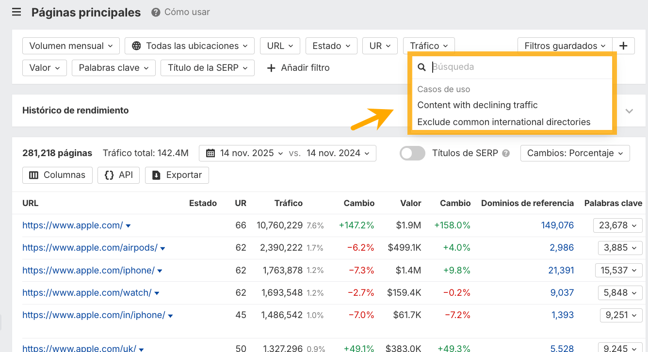 páginas principales mejora de filtros guardados