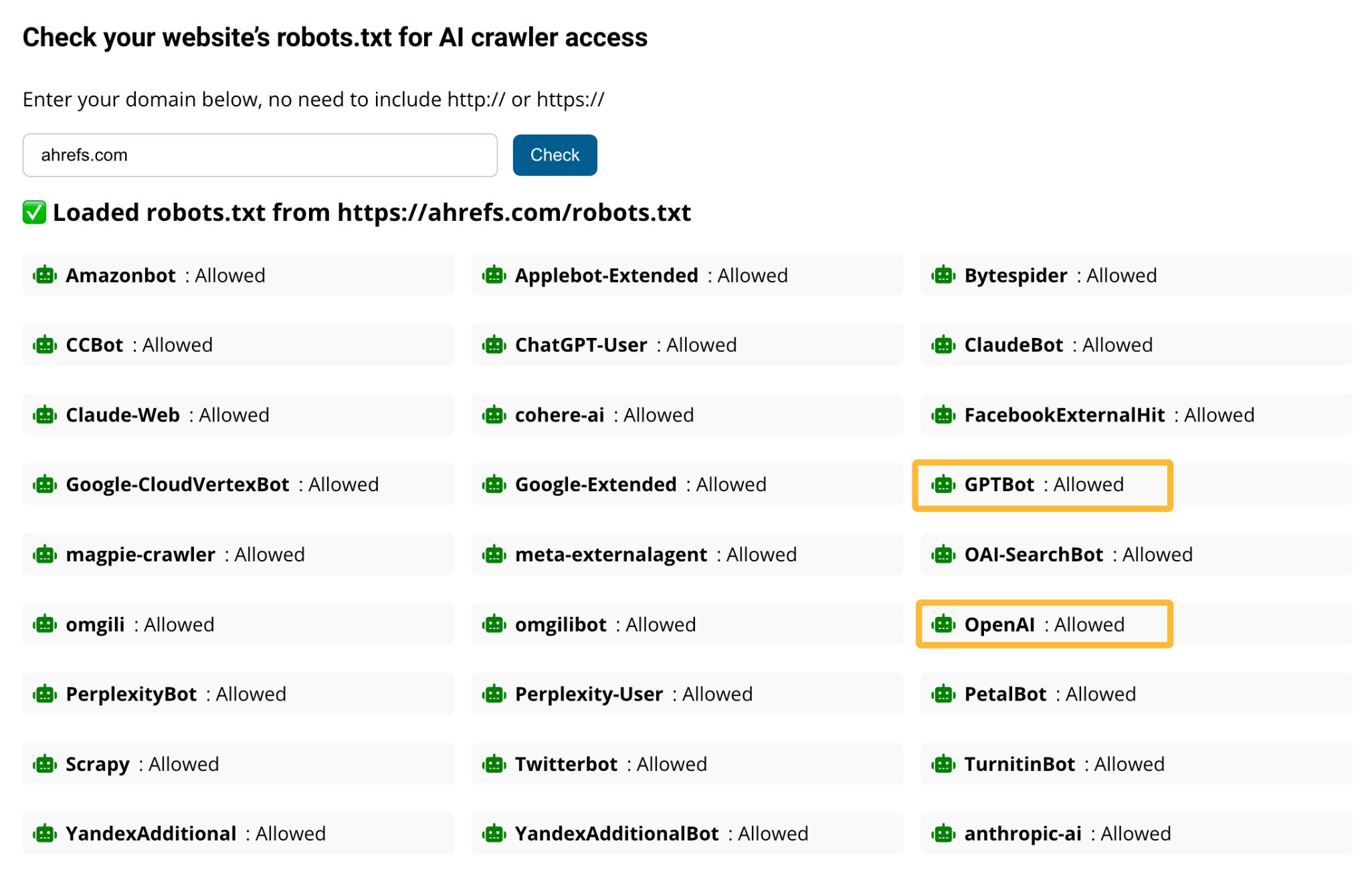 Captura de pantalla de la herramienta AI Crawler Access Checker de Ahrefs para ahrefs.com, mostrando que rastreadores como GPTBot y OpenAI están específicamente configurados como 'Allowed' (Permitido) en el archivo robots.txt del sitio.