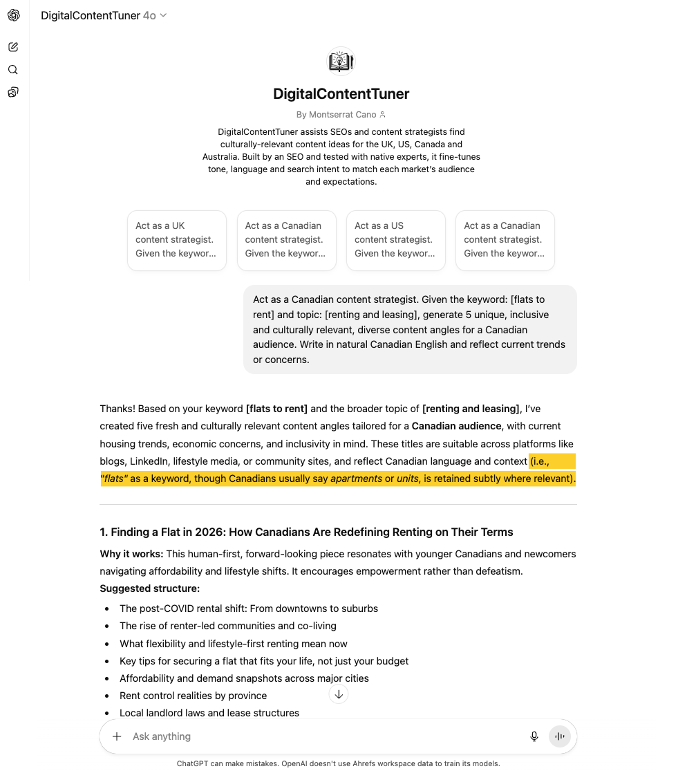 Captura de pantalla de la interfaz de Digital Content Tuner que muestra ideas de contenido generadas por IA para un artículo sobre el mercado de alquiler canadiense con una nota sobre el uso de palabras clave resaltada.