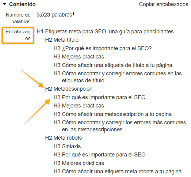 Captura de pantalla mostrando la jerarquía de encabezados (H1, H2, H3) en la Barra de herramientas de SEO de Ahrefs.