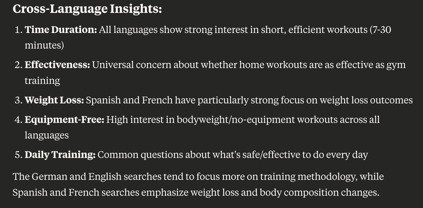 El MCP de People Also Ask de Metehan Yeşilyurt mostrando "Perspectivas en varios idiomas" en la IA, con un análisis de respuestas para mercados internacionales.