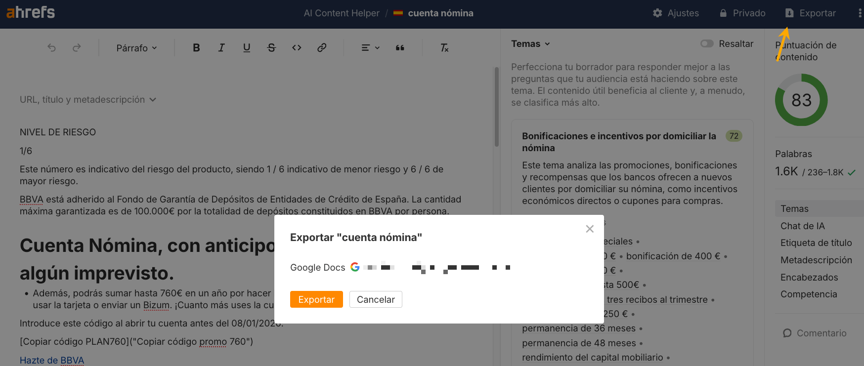 Exportación de documentos en AI Content Helper