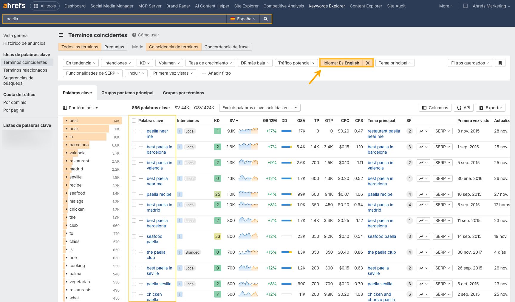 Filtro de Idioma en Keywords Explorer de Ahrefs