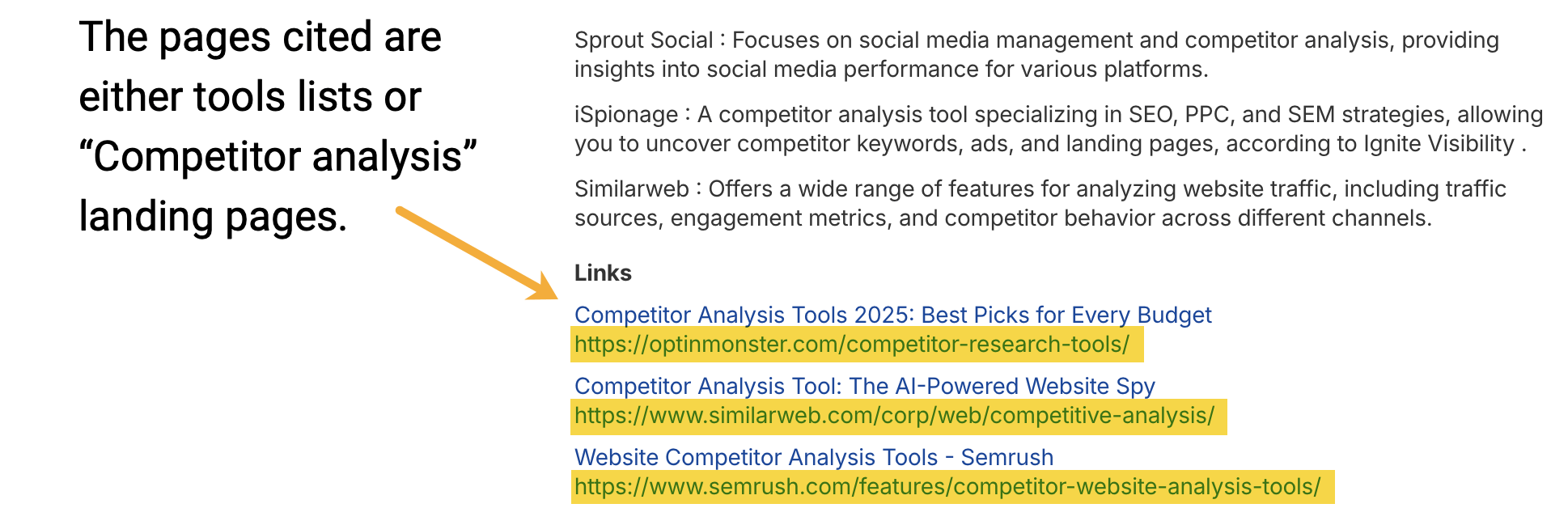 Fragmento de texto explicando que las páginas citadas son listas de herramientas o landing pages de análisis de competencia, seguido de tres enlaces resaltados: "Competitor Analysis Tools 2025: Best Picks for Every Budget" de optinmonster.com, "Competitor Analysis Tool: The AI-Powered Website Spy" de similarweb.com, y "Website Competitor Analysis Tools" de semrush.com.