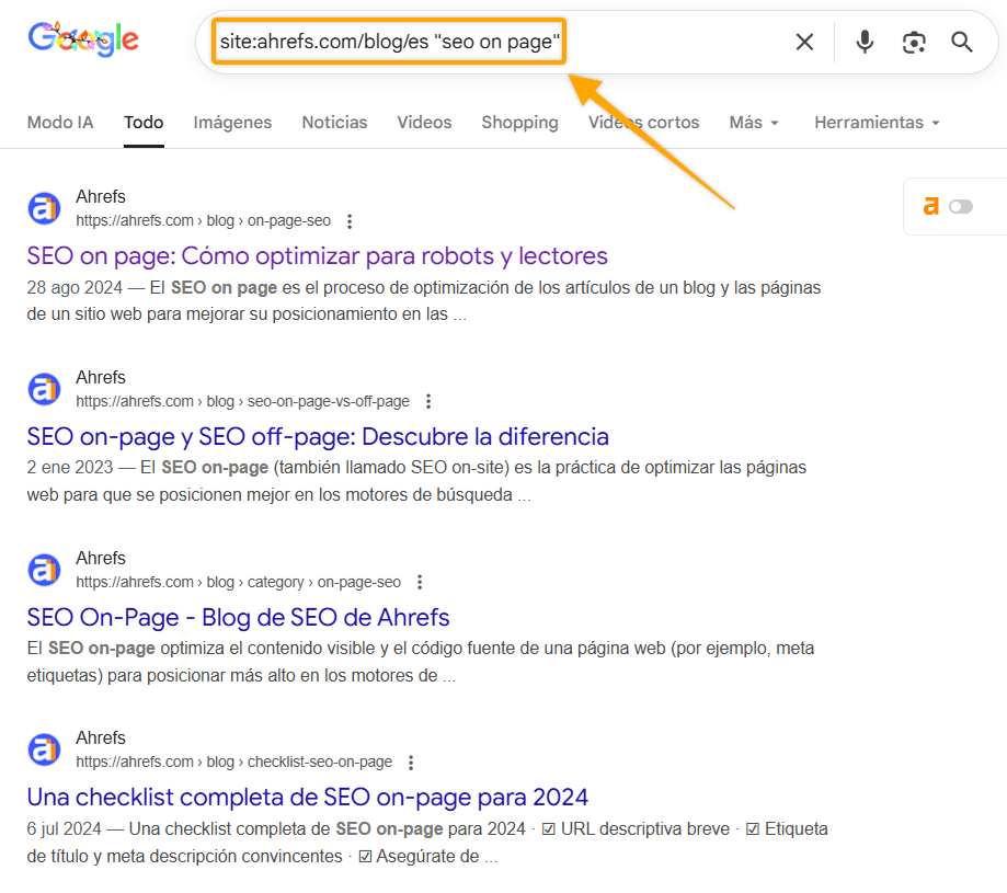 Página de resultados de búsqueda de Google mostrando el Operador de Búsqueda de Google site: búsqueda específica para "seo on page" dentro de ahrefs.com/blog/es.