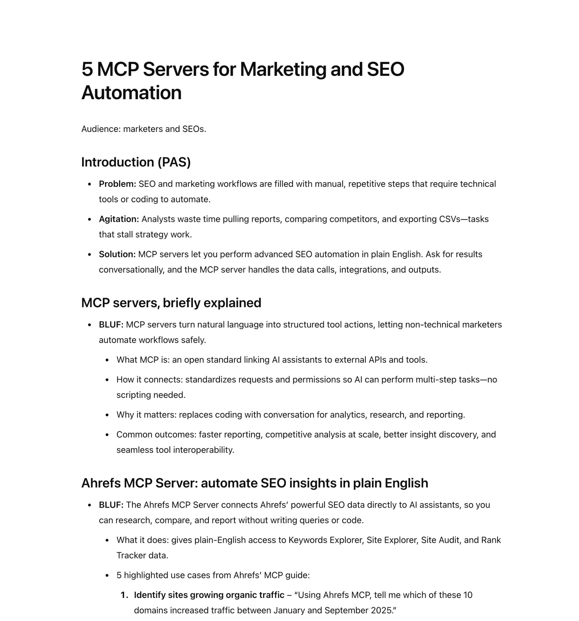 Título del artículo e introducción sobre los servidores MCP para la automatización del marketing y el SEO, incluyendo el planteamiento del problema y una visión general de la solución.