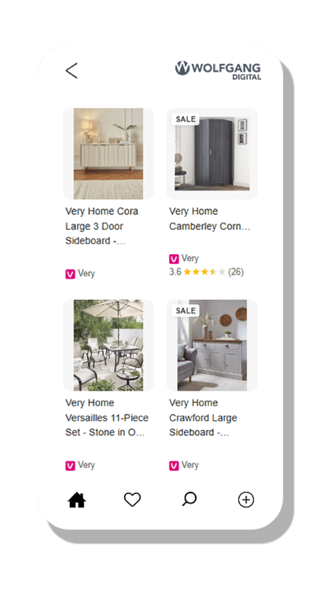Captura de pantalla de una aplicación móvil que muestra listados de muebles de "Very" con el logotipo de Wolfgang Digital. Incluye aparadores y un conjunto de comedor exterior.