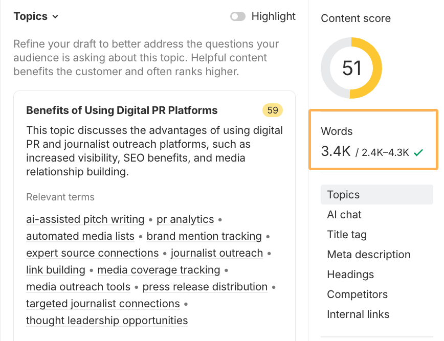 Estimaciones de recuento de palabras del AI Content Helper de Ahrefs.