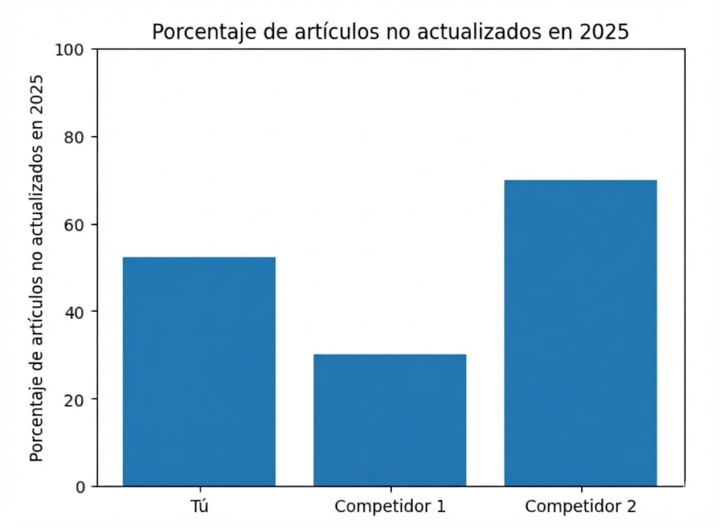 Gráfico de barras que compara el porcentaje de artículos no actualizados en 2025 entre "Tú", "Competidor 1" y "Competidor 2".
