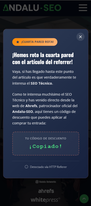 Pop-up de Andalu-SEO que aparece al tráfico proveniente de Ahrefs
