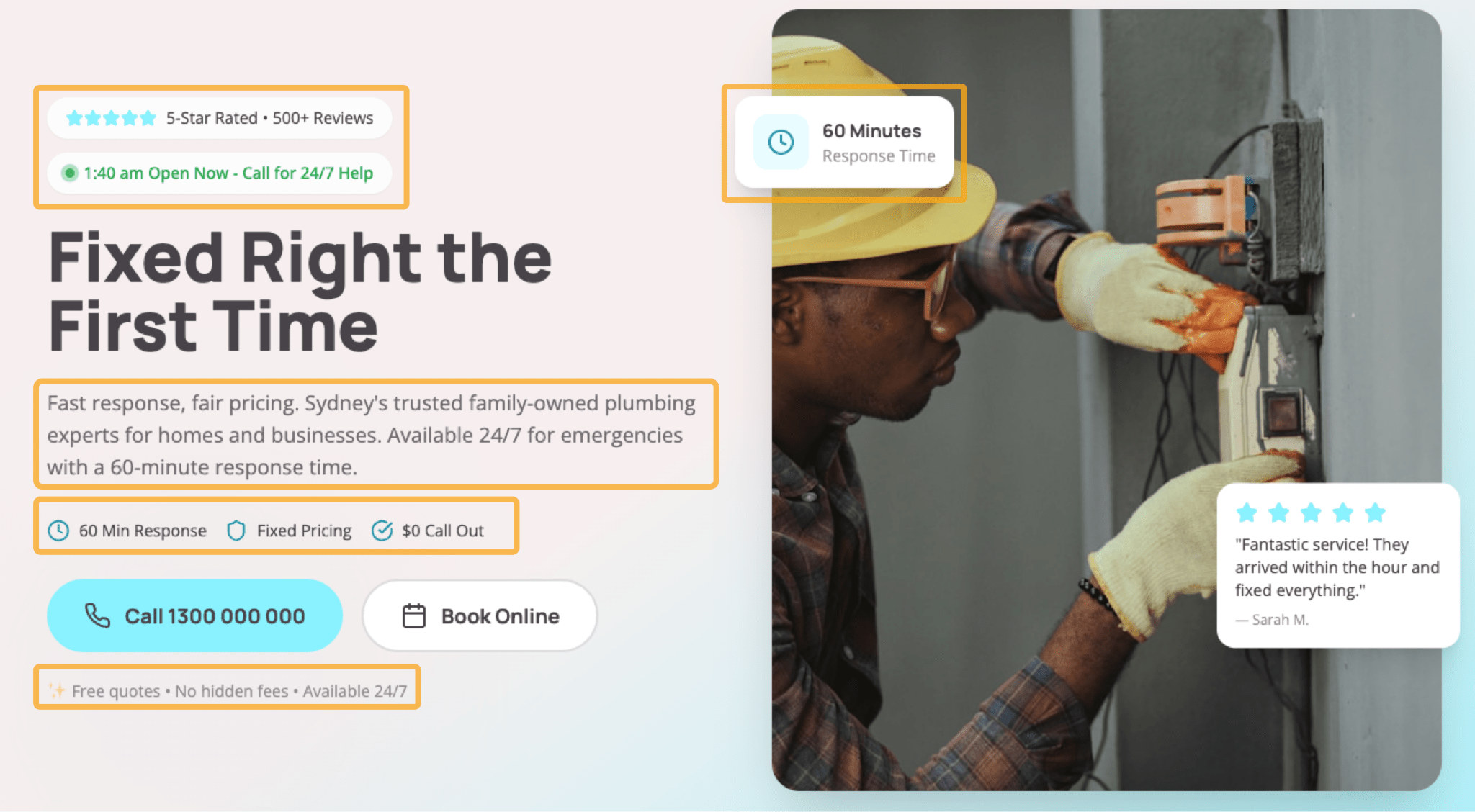 Propuestas de venta únicas para un negocio de fontanería local como "Valoración de 5 estrellas en más de 500 reseñas", "Tiempo de respuesta de 60 minutos" y "Presupuestos gratuitos, sin tarifas ocultas, disponible 24/7".