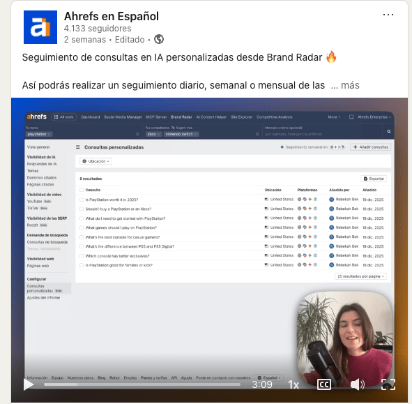 Publicación de Ahrefs en LinkedIn