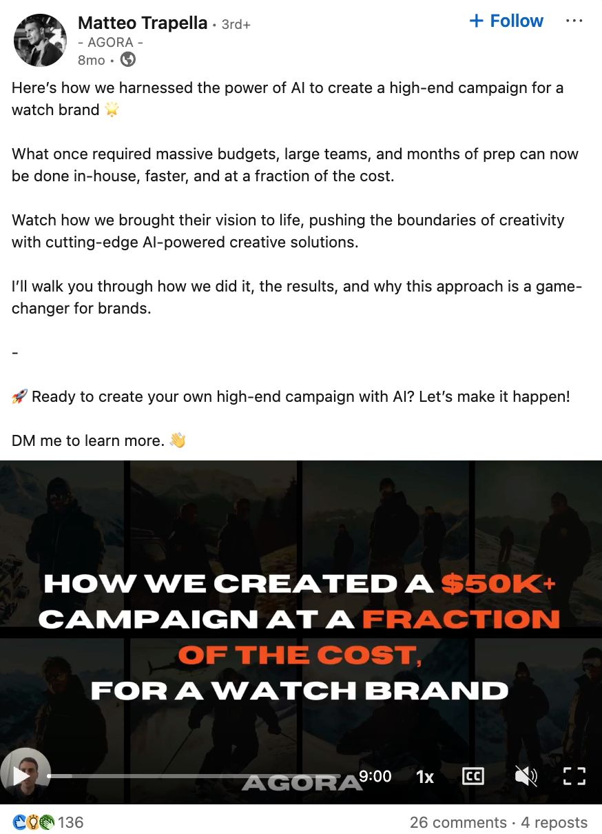 Publicación de Matteo Trapella en LinkedIn hablando de un ejemplo de marketing con IA