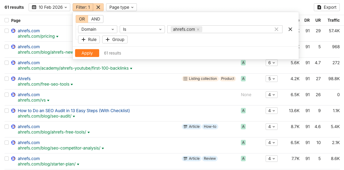 Captura de pantalla de Brand Radar de Ahrefs mostrando resultados de búsqueda filtrados para el dominio ahrefs.com con 61 páginas citadas en ChatGPT, mostrando métricas como DR, UR y tráfico.