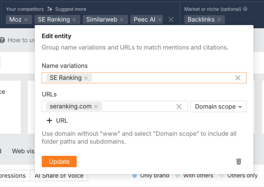 Cuadro de diálogo de Brand Radar de Ahrefs para editar una entidad que muestra el campo de variaciones de nombre con "SE Ranking", el campo de URLs con "seranking.com" y el menú desplegable de alcance del dominio.