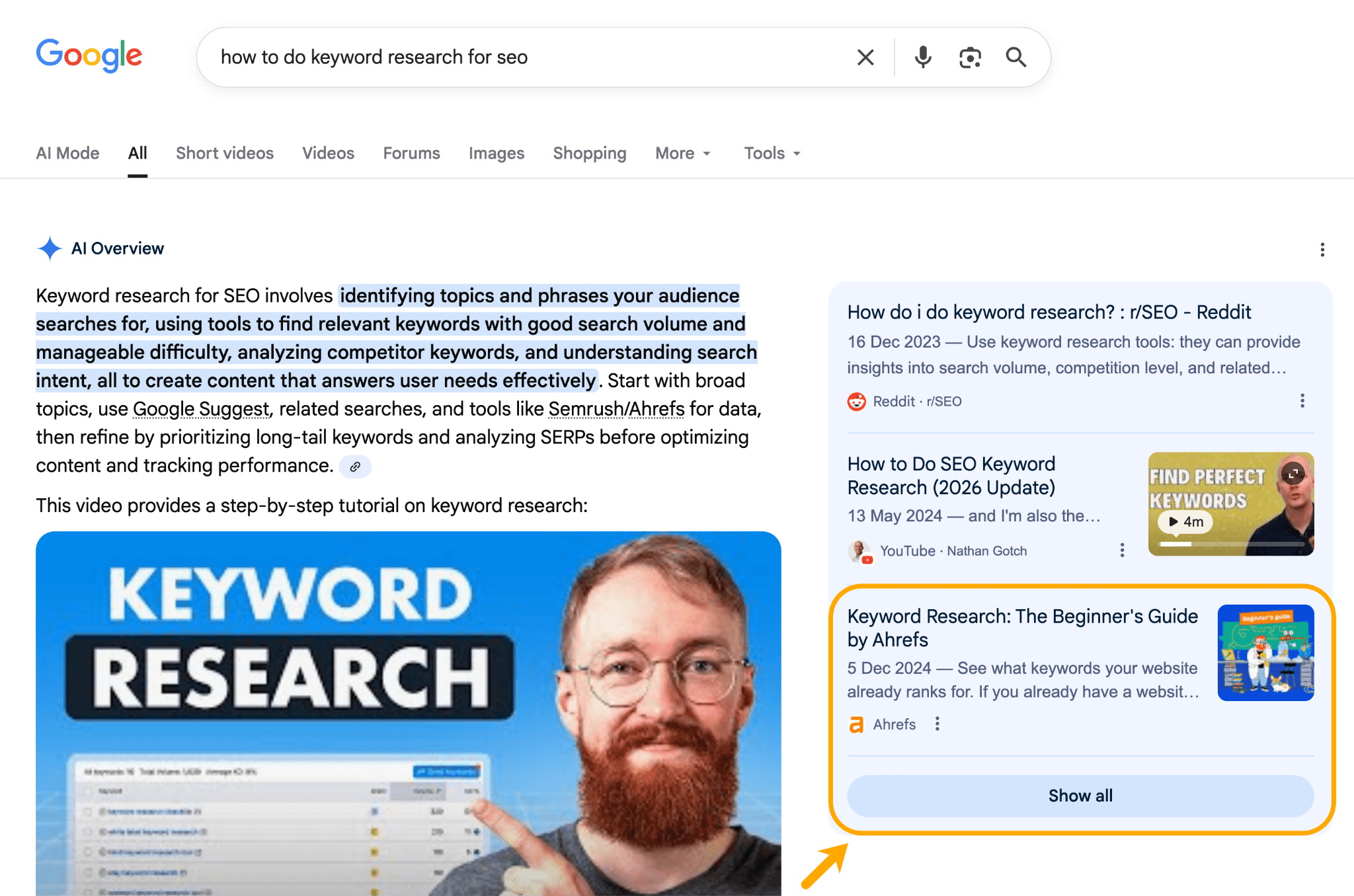 Página de resultados de búsqueda de Google para "how to do keyword research for seo" mostrando una AI Overview y 3 artículos citados a la derecha. El tercer artículo, de Ahrefs, está rodeado. Se titula: Keyword Research: The Beginner's Guide by Ahrefs
