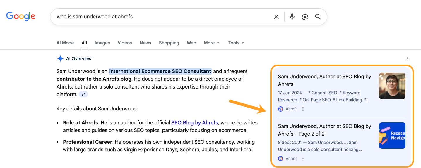 Resultados de búsqueda de Google para "who is sam underwood at ahrefs" mostrando una AI Overview y tarjetas de perfil de autor