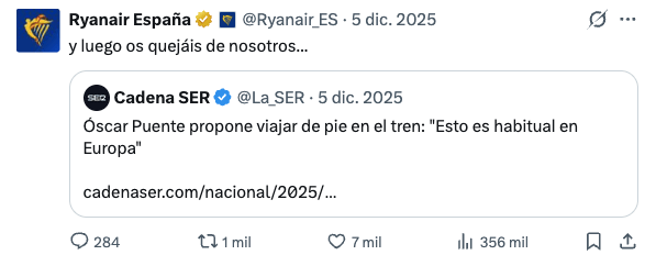 Ryanair criticando a Óscar Puente