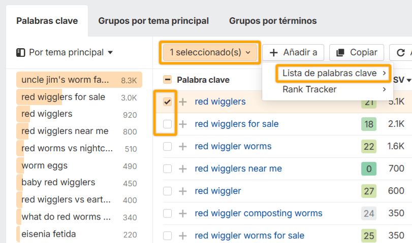 Añadiendo palabras clave a una lista en el Keywords Explorer de Ahrefs.