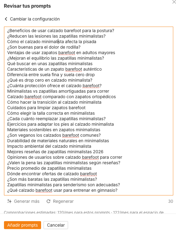 Añadiendo prompts personalizados en Brand Radar