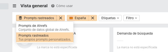Cambiando entre prompts propios o de Ahrefs